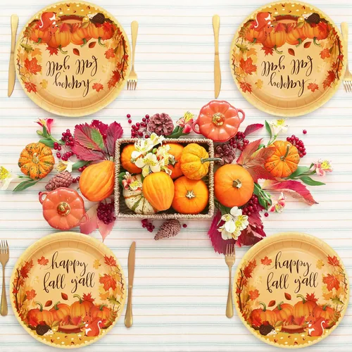 Miniatura 7 de Whaline Juego de vajilla de otoño de 100 piezas para 25 invitados, juego de vajilla desechable de calabaza colorida con hojas de otoño, platos