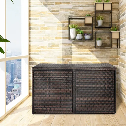 Miniatura 2 de Henf Caja de almacenamiento de mimbre para exteriores, caja de mimbre para patio con puertas dobles y estante, organizador de almacenamiento