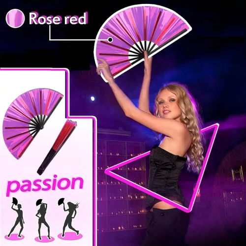 Miniatura 3 de HeyToo Ventilador de mano plegable grande y brillante para fiesta, club nocturno, festival, Halloween, accesorios de traje de 13 pulgadas, fucsia