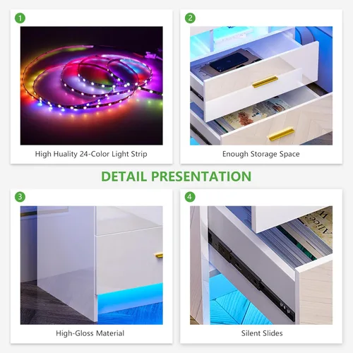 Miniatura 5 de HNEBC Mesita de noche LED, RGB blanco con estación de carga USB/inalámbrica, moderna mesita de noche con sensor automático de luces RGB, mesa blanco