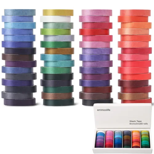 Miniatura 2 de 60 Rollos de Cinta Washi de 8mm de Ancho y 3.05m de Largo, Cintas Adhesivas Básicas de Color Sólido Arcoíris para Artes, Regalos para Niños, Diarios