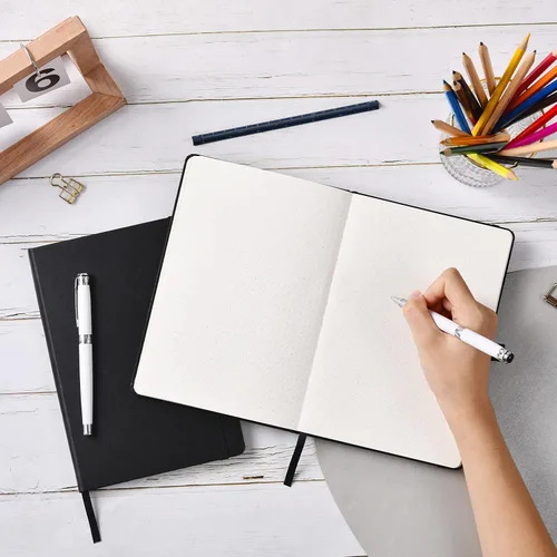 Miniatura 2 de Cuaderno punteado, diario, 5.3 x 8.26 pulgadas, tapa dura, prémium, papel grueso, doble espiral, bandas, cuero negro sintético, lazo para bolígrafo