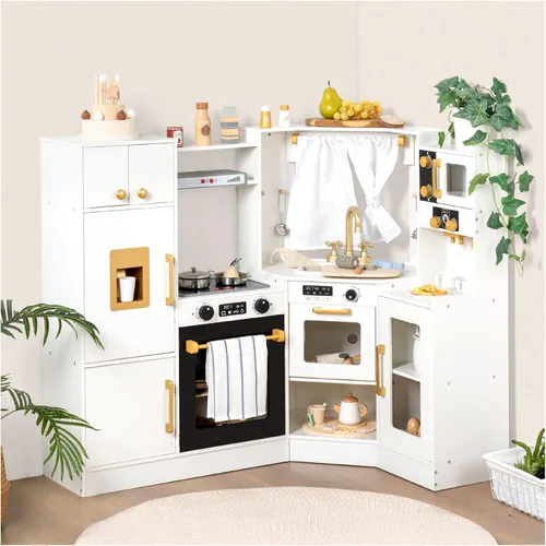 Juguete de Cocina de Juego de Madera Interactivo para Niños – Luces y Sonidos Realistas, Diseño de Esquina con 8 Accesorios, Regalo para Niñas y