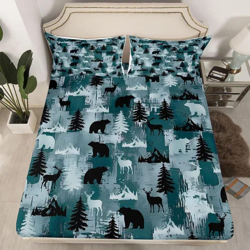 Juego de ropa de cama rústica de granja, tamaño individual, oso, alce, ciervo, para cabaña, pino, campo, sábana bajera ajustable de animales del