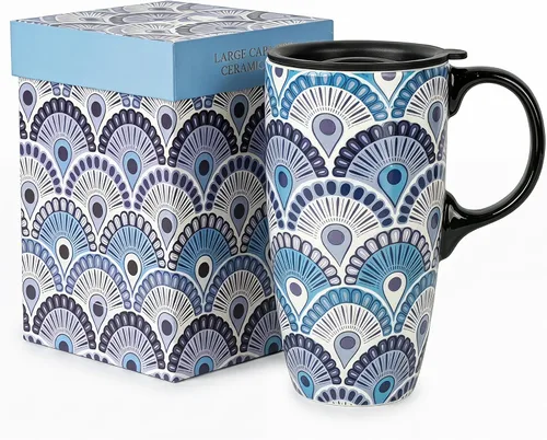 Miniatura 13 de Topadorn - Taza de viaje de cerámica de 17 onzas con tapa, taza de café de plumas boho con asa, taza grande de viaje de cerámica, apta