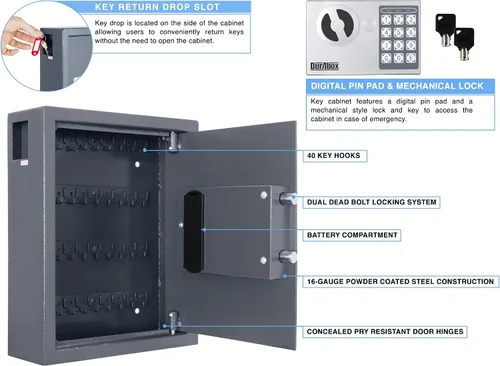 Miniatura 2 de DuraBox Armario de 40 llaves con cerradura digital, caja fuerte para llaves electrónicas, caja de seguridad de acero con ranura para caídas