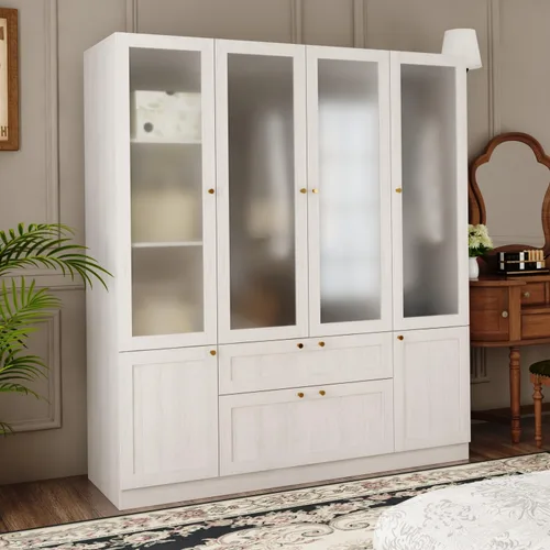 Miniatura 4 de Armario de 4 puertas con varillas para colgar y 2 cajones, armario de dormitorio con puertas de vidrio esmerilado, armario con perilla dorada, veta