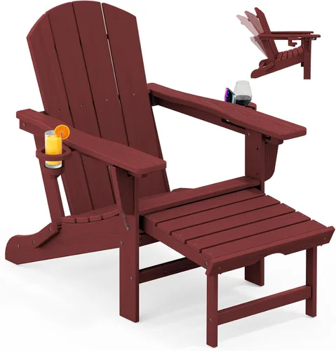 Miniatura 28 de KINGYES Silla Adirondack plegable ajustable con otomana retráctil, silla reclinable Adirondack de polietileno de alta densidad con soporte