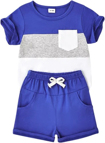 Miniatura 25 de Ropa para bebé niño pequeño, trajes de verano de manga corta, camiseta de retazos y pantalón con bolsillo, conjunto de 2 piezas, 12 meses a 4 años
