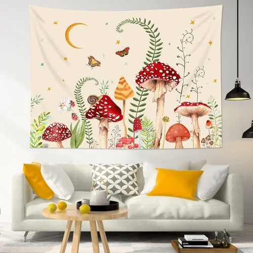 LB Tapiz de hongos para colgar en la pared, luna y estrella en beige, tapiz de pared para dormitorio, estética de planta verde, arte de pared