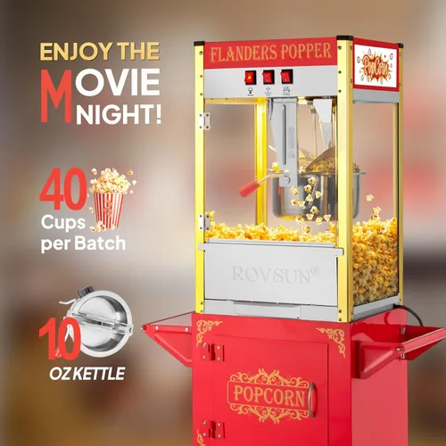 Miniatura 2 de ROVSUN Máquina de palomitas de maíz estilo cine con carrito y ruedas, hervidor de 10 onzas que hace hasta 4 galones para hacer palomitas de maíz