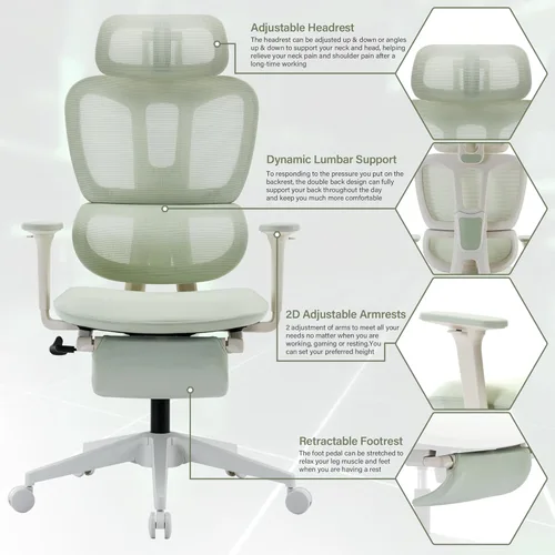 Miniatura 4 de Silla de oficina ergonómica de malla con reposapiés retráctil, silla de computadora con respaldo alto, soporte lumbar, reposabrazos y reposacabezas