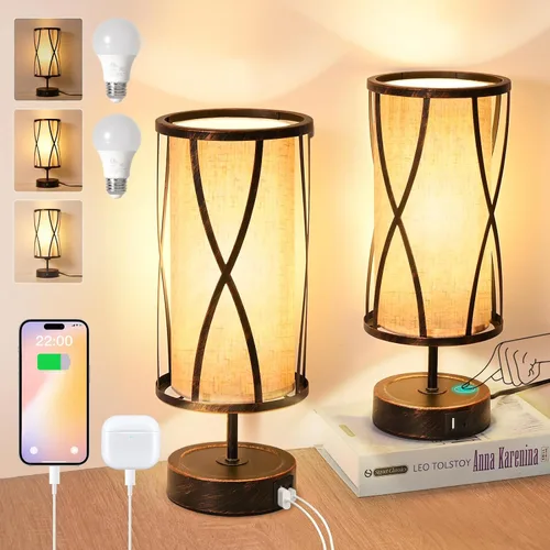 Miniatura 9 de Lámparas de mesa de ratán para sala de estar, lámparas táctiles regulables de 3 vías, lámparas de noche pequeñas con bombillas LED, soporte