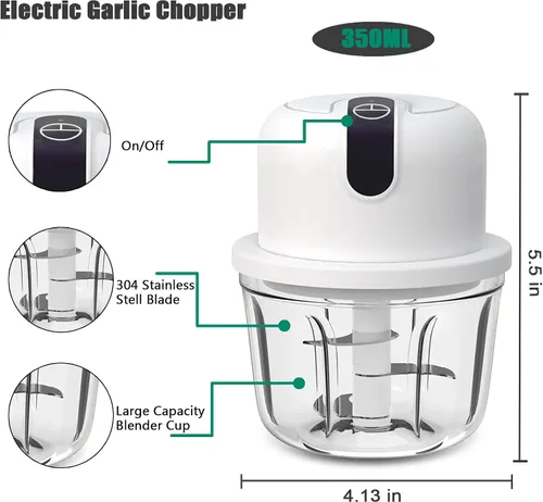 Miniatura 2 de Picadora de ajo eléctrica de 350 ml, picadora portátil de verduras, trituradora de ajo y aplastador de cebolla, licuadora para verduras, procesador