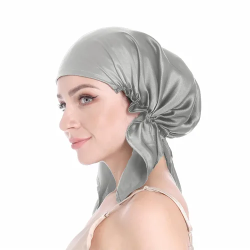Miniatura 11 de SissiLita Gorro de seda 100% para dormir, gorro de seda grande con banda de amarre para el cuidado del cabello rizado (azul)