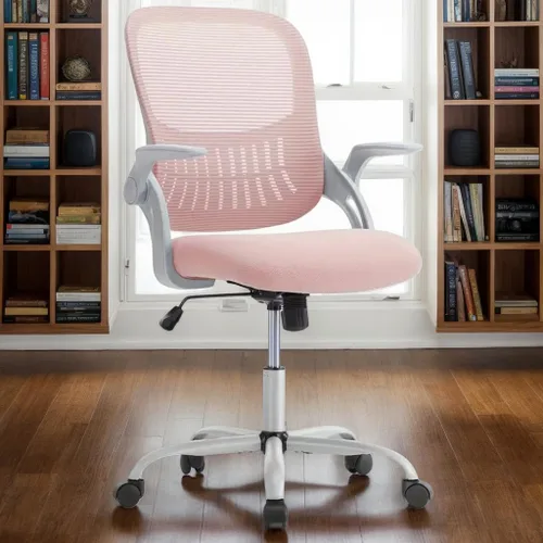 Silla ergonómica de escritorio para oficina, silla de trabajo de malla cómoda para computadora con reposabrazos abatibles y soporte lumbar Rosa