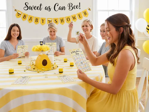Miniatura 2 de Baby Shower Bingo - Juego temático de abeja para 24 jugadores para adultos y fiestas de revelación de género