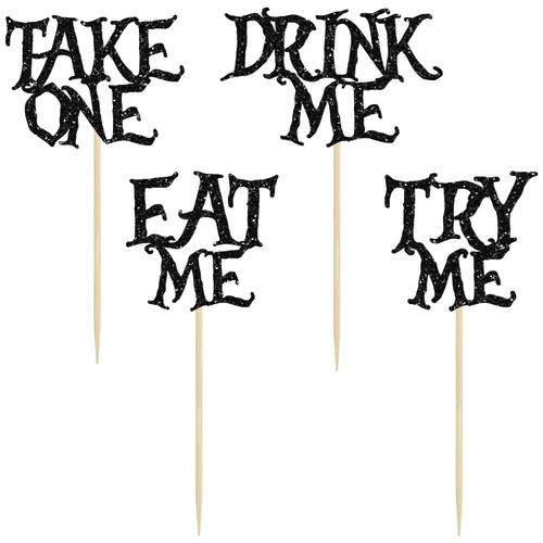 Miniatura 3 de Gyufise 24 piezas de adornos para cupcakes de Alicia en el país de las maravillas con purpurina negra Try Me Take One Eat Me Cupcake Picks