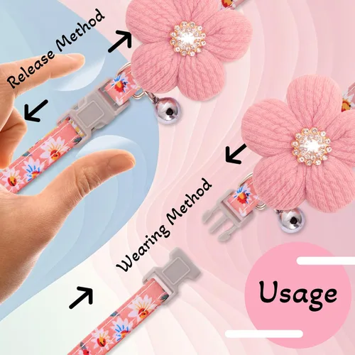 Miniatura 6 de Collar para perro mediano con flor, collares de perro para perros medianos Collar para niña Collar de perro lindo con campana, longitud ajustable