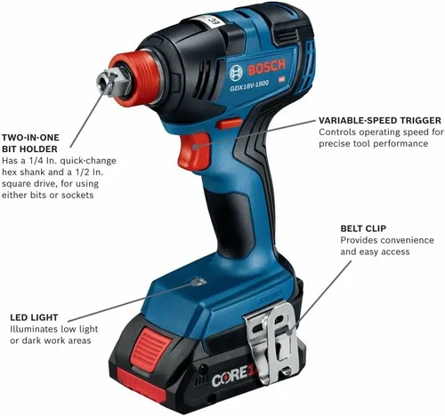 Miniatura 5 de Bosch GXL18V-502B25 kit de 5 herramientas de 18V con controlador de impacto de punta/llave de 2 en 1, taladro/controlador de martillo de 1/2 pulg.