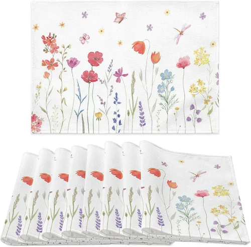 Miniatura 11 de Juego de 6 manteles individuales para primavera y verano, diseño floral, antideslizante, resistente al calor, tela de lino de algodón, cuadrados