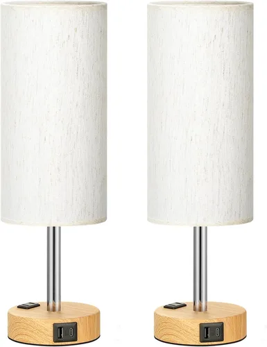 Miniatura 2 de Fenmzee Juego de lámparas de mesa pequeñas táctiles regulables de 2 a 3 vías, carga USB A + C, salida de CA, base de grano de madera, bombillas