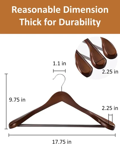 Miniatura 2 de AMKUFO Perchas de Madera de Hombro Ancho Paquete de 8 Perchas para Abrigos con Barra Antideslizante para Pantalones, Perchas de Traje de Servicio