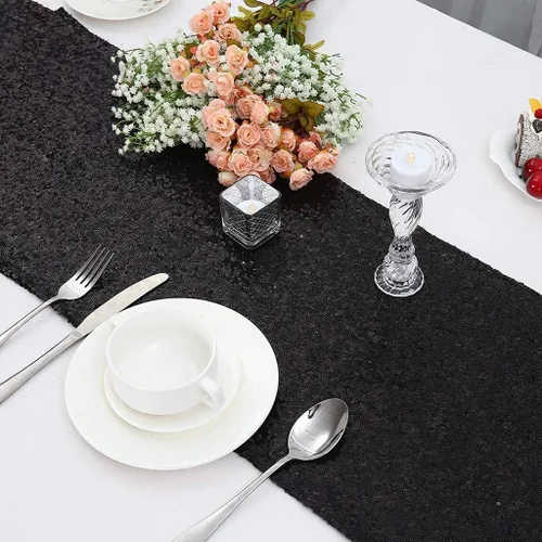 Miniatura 2 de Camino de mesa de lentejuelas negras de 12 x 72 pulgadas, paquete de 6 caminos de mesa con purpurina para decoración de fiestas, baby shower