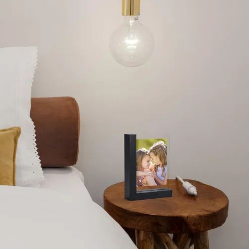 Miniatura 6 de Lavezee Paquete de 2 marcos de fotos de 4 x 6 pulgadas, hechos de base de madera negra en forma de L con vidrio, imágenes de fotos de doble cara