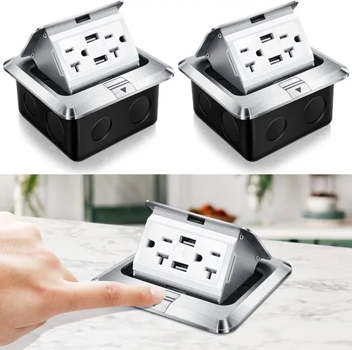 Miniatura 12 de Hoolerry Kit de 1 caja de cubierta de toma de corriente eléctrica de piso desplegable con cargador USB de 4.8 A, 20 amperios, impermeable