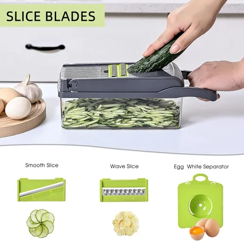 Miniatura 3 de Cortador de verduras 16 en 1 con picador de especias, 7 cuchillas, cortador de verduras y cebolla Un conjunto gris