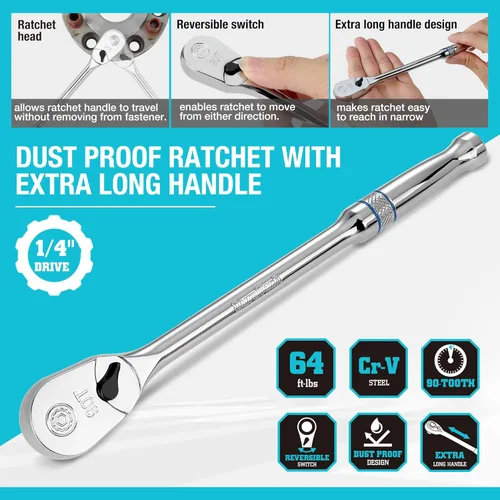 Miniatura 3 de DURATECH Trinquete de Mango Extra Largo de 1/4 Pulgadas, Llave de Trinquete de 90 Dientes con Mango de 8" y Cabeza Cerrada en Forma de Lágrima a