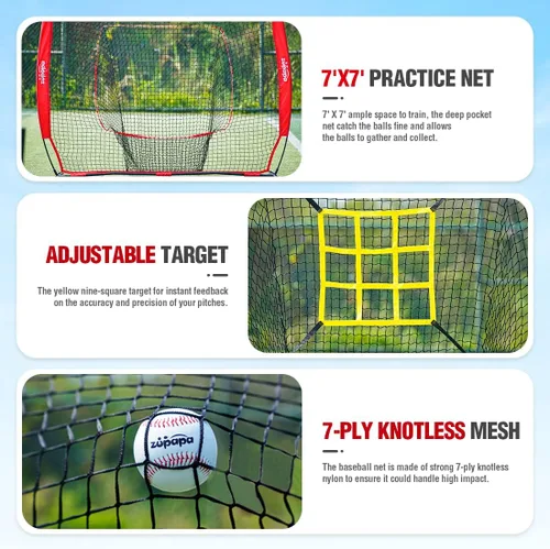 Miniatura 6 de Zupapa Juego de camisetas de béisbol y softbol de 7 x 7 pies con zona de ataque, red de práctica de béisbol para lanzar, bateo, captura para todos
