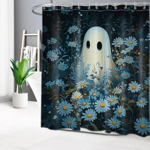 Miniatura 28 de HVEST Cortina de ducha con ganchos, calabaza espeluznante y fantasma con sombrero de bruja negro, juego de cortina de ducha naranja con flores