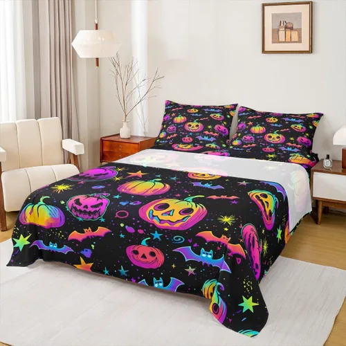 Miniatura 2 de Juego de sábanas de decoración de Halloween, tamaño individual, sábanas de calabaza arcoíris para niños y niñas con purpurina, calabaza, farol