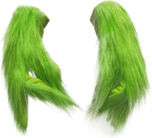 Miniatura 2 de Hefnoya Guantes de felpa de monstruo verde para adultos y niños, disfraz de Papá Noel de Navidad, accesorios de máscara de manos verdes, Guantes