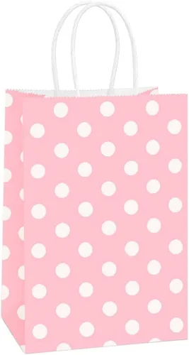 BagDream Bolsas de regalo pequeñas, 25 bolsas de papel kraft de 5.25 x 3 x 8 pulgadas con asas, bolsas de regalo de papel de punto rosa para