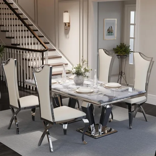 ACEDÉCOR Juego de mesa de comedor para 4, mesa de comedor rectangular de 78 pulgadas con parte superior texturizada gris y base geométrica plateada,