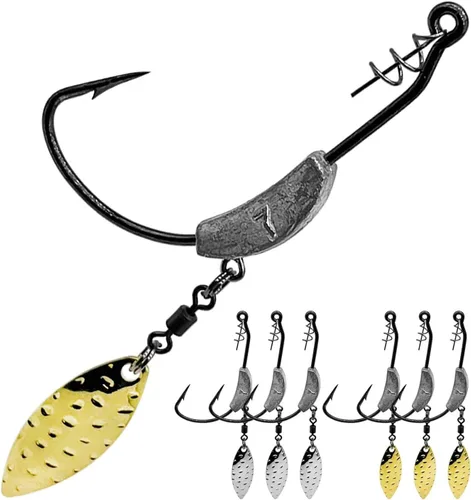 Miniatura 9 de Ganchos de natación con peso, 6 anzuelos Underspin Swimbait con Twistlock, ganchos de manivela con peso con cuchillas giratorias doradas/plateadas
