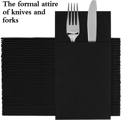 Miniatura 2 de Servilletas negras desechables con sensación de lino con bolsillo integrado para cubiertos, preplegadas para cuchillos y tenedores, servilletas