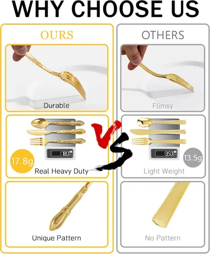 Miniatura 6 de Nervure Juego de cubiertos de plástico dorado de 90 piezas, juego de cubiertos desechables resistentes, utensilios de plástico dorado de lujo que