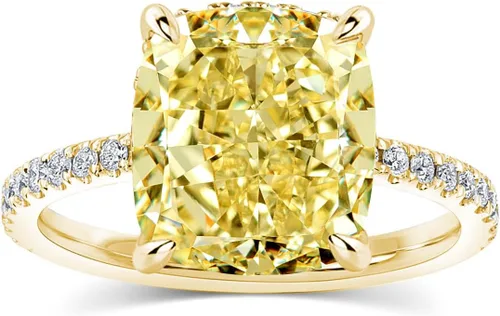 Miniatura 14 de Anillo de compromiso de corte cojín de 4 quilates para mujer, piedra blanca/amarilla grado 5A, circonita cúbica S925, plata, amarillo/blanco/oro rosa