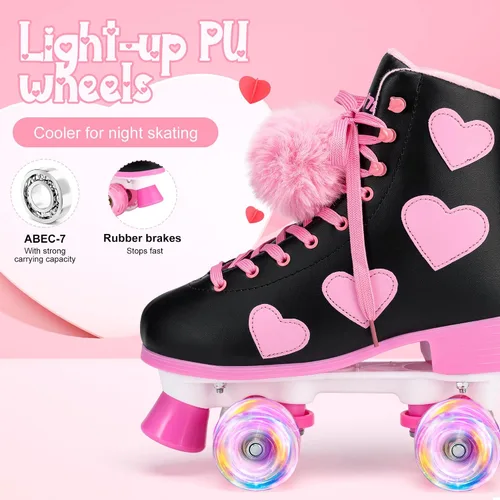 Miniatura 5 de Ruthfot Patines clásicos para mujeres y niñas con ruedas iluminadas y patrón de corazón de amor, patines de cuero PU de caña alta.. Negro