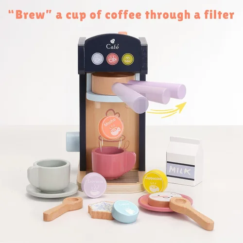 Miniatura 2 de PairPear Juego de simulación de cafetera de madera, máquina de espresso polar de 13 piezas con comida de juguete para niños, juguetes de madera