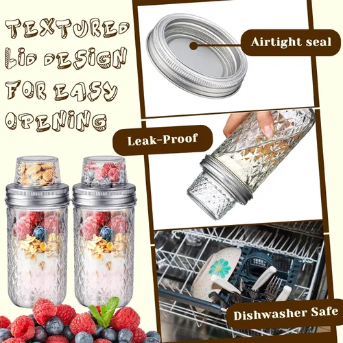 Miniatura 5 de Vesici Paquete de 4 recipientes de avena de 25 onzas con tapas, tazas de yogur de doble laryer con separación seca y húmeda, recipientes de avena