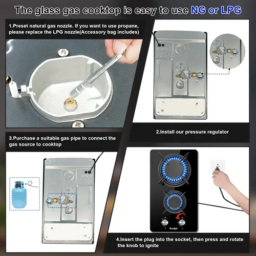 Miniatura 4 de encimera de gas de 30 cm (12 pulgadas), 2 quemadores, cocina de propano incorporada, encimera de cocina interior adecuada para combustible dual