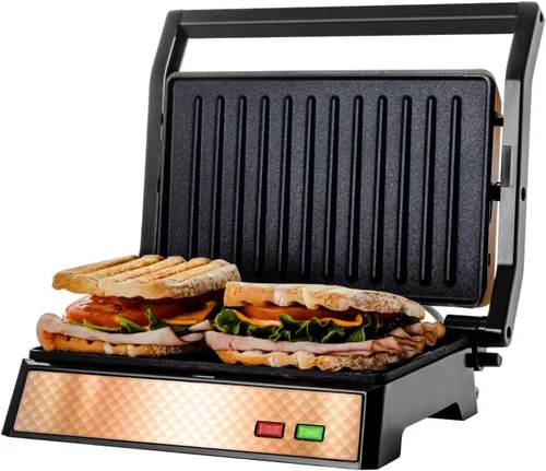 Miniatura 12 de OVENTE - Parrilla eléctrica para panini con placas antiadherentes, luces indicadoras LED, control de termostato, sandwichera compacta perfecta