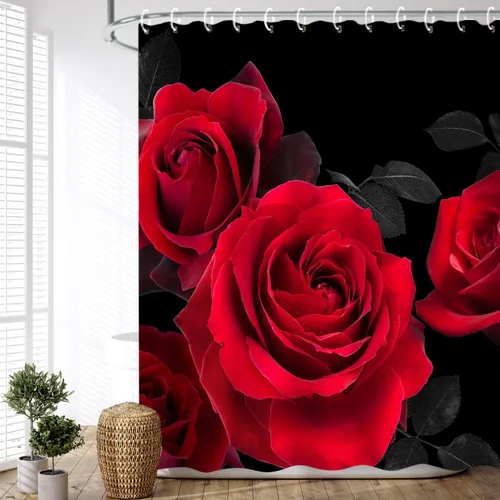 Miniatura 10 de LIVILAN Cortina de ducha con flores rosas y grises, cortinas de ducha florales de acuarela con ganchos, tela blanca y gris, decoración de baño