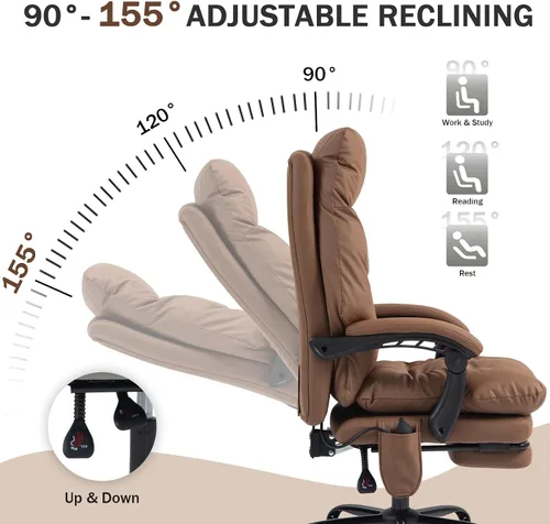 Miniatura 3 de Silla de oficina ejecutiva reclinable de 155° con soporte lumbar ajustable, cómoda silla de escritorio para computadora con reposapiés, silla