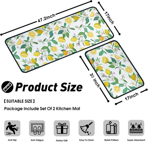 Miniatura 2 de Lemon - Juego de 2 alfombras y tapetes de cocina de microfibra antideslizantes, lavables, absorbentes para el piso, juego de 2 tapetes de cocina